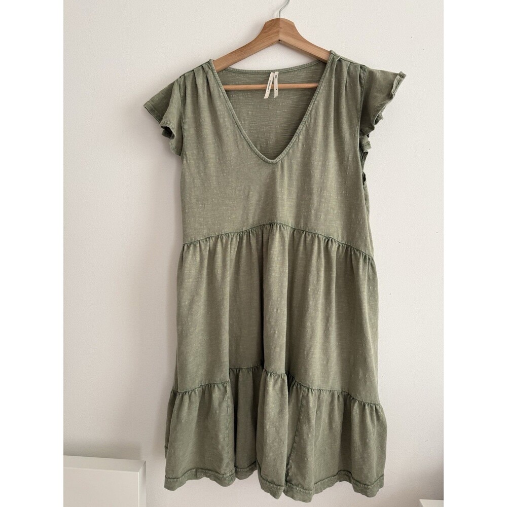 ✿ Anthropologie Boho Cotton Tiered Dress Green V Neck Flowy India Medium M